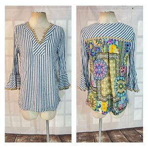 John Mark blue white stripe bell sleeve colorful print back blouse size small